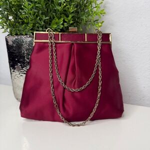 Miss Lewis Clutch Bag Womens Burgundy Satin Chain Strap Vintage Glam OS